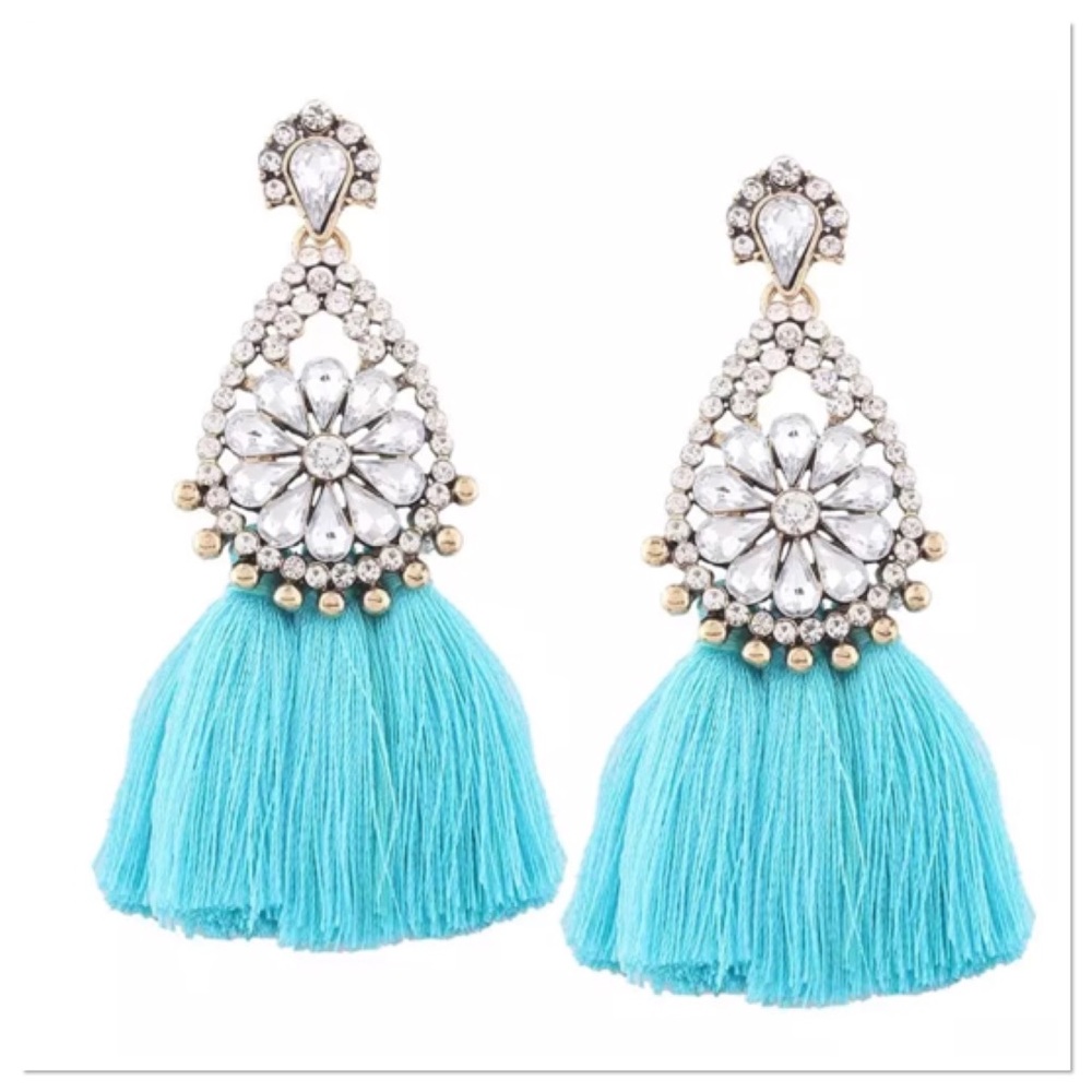Rhinestone & Turquoise Tassel Earrings - Picture 1 of 3